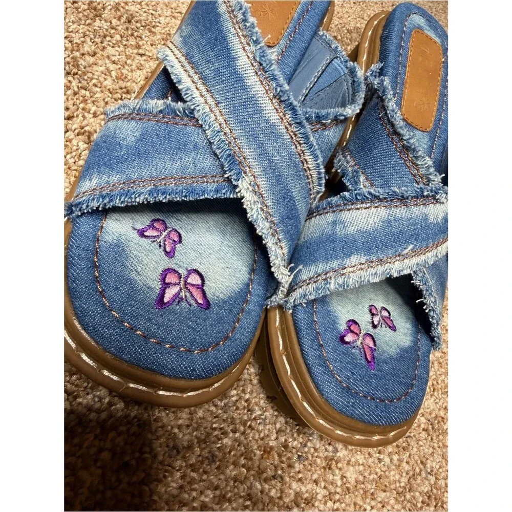 Delia's by Dolls Kill Star Worthy Cross Strap Slides 7 Denim Block Heel Sandals
